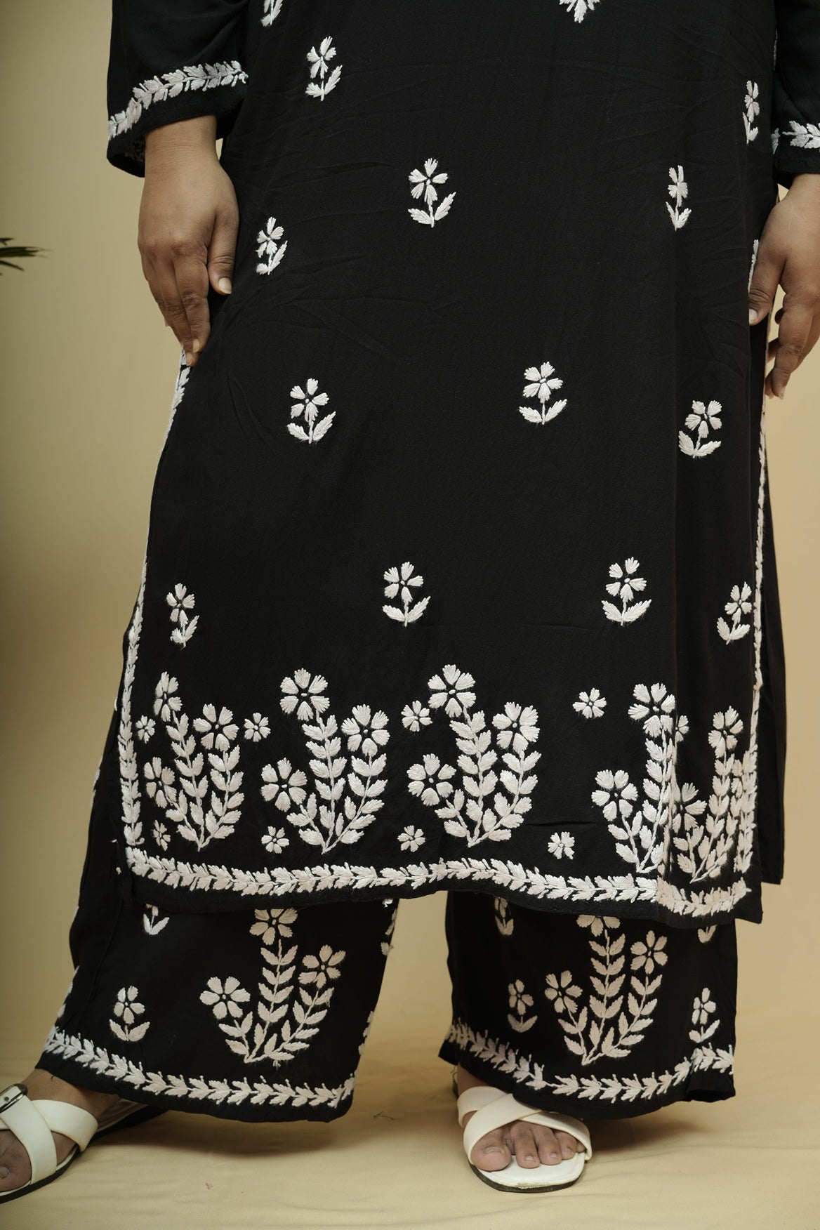 Plus Size Rayon Chikankari Kurta-Plazzo Set