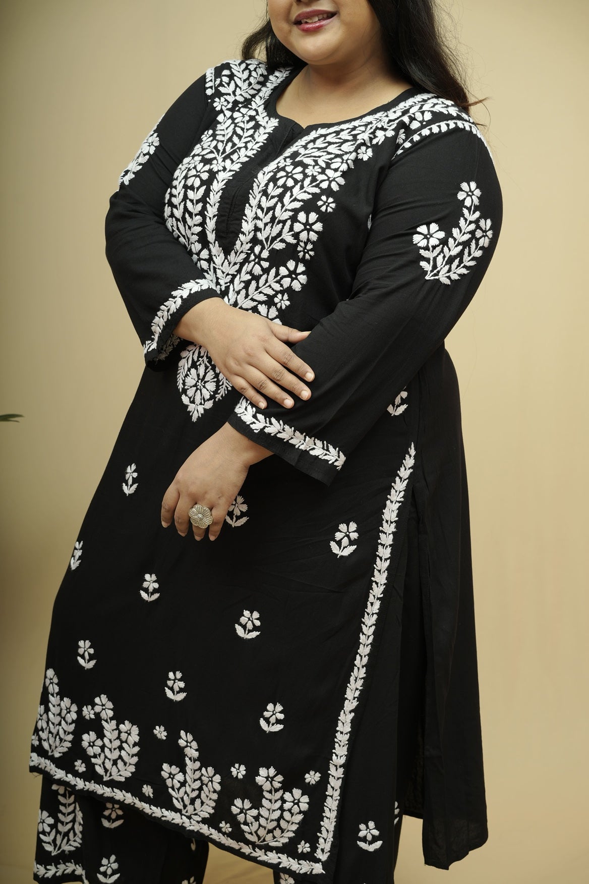 Plus Size Rayon Chikankari Kurta-Plazzo Set