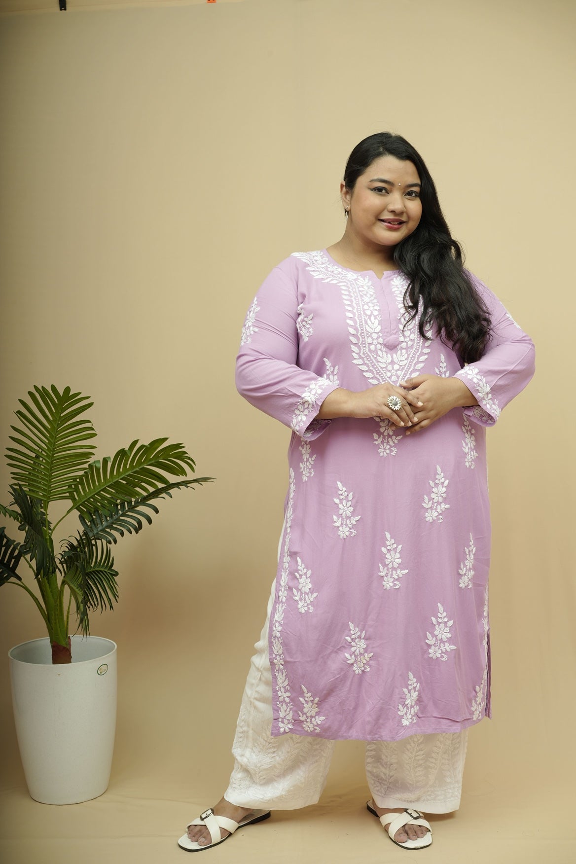 Rayon Chikankari Long Kurta - Lavender
