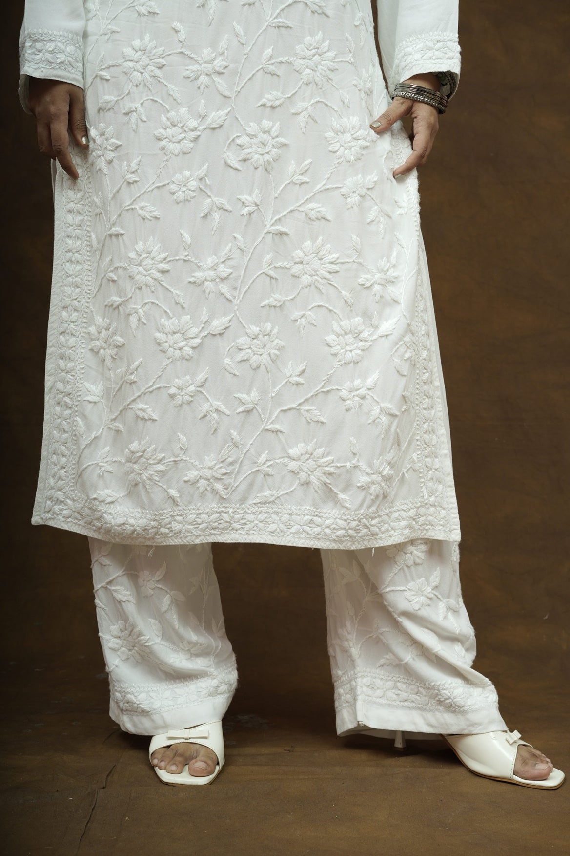 Mira Rayon 3D Chikankari Kurta Pant Set - White
