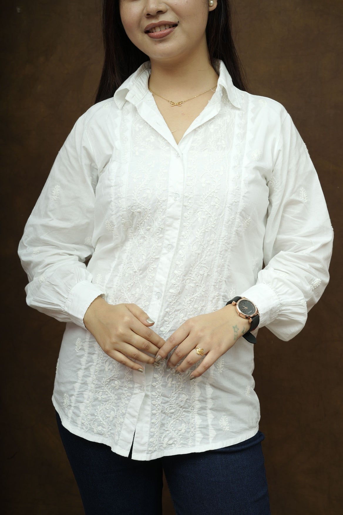 Cotton Chikankari Solid Women's Shirt-White