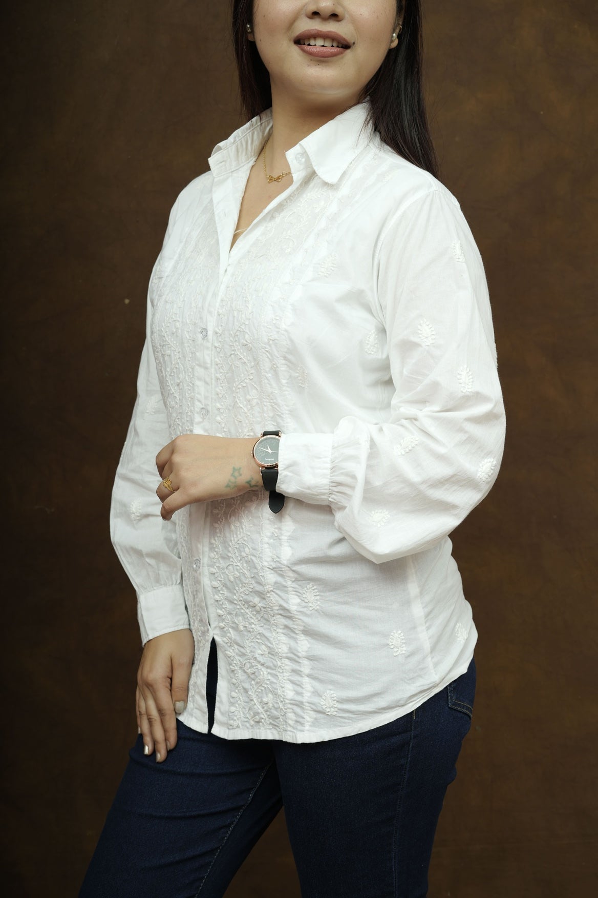 Cotton Chikankari Solid Women's Shirt-White