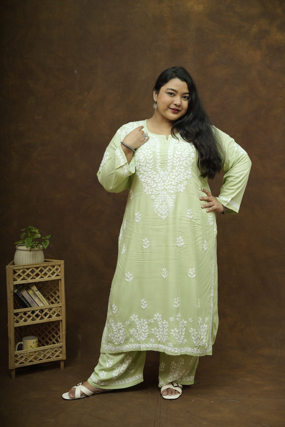 Plus Size Rayon Chikankari Kurta-Plazzo Set