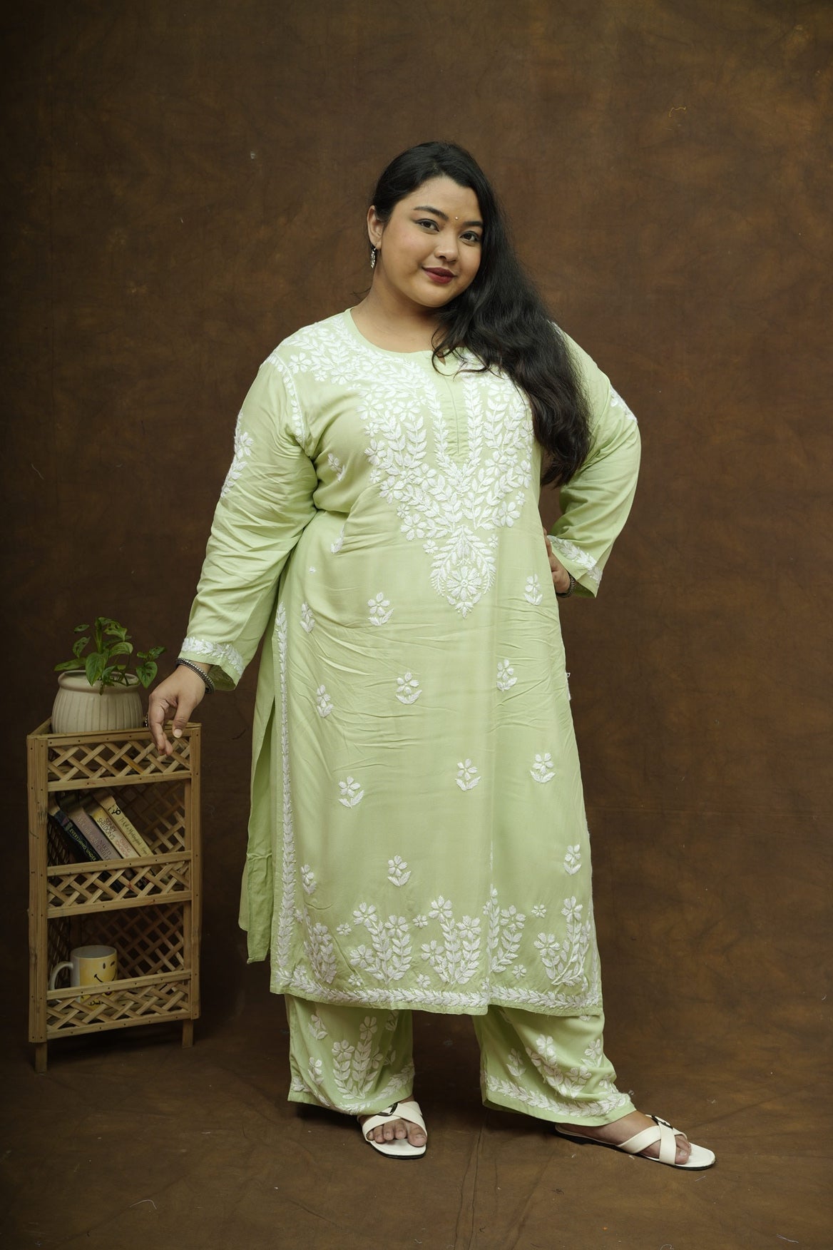 Plus Size Rayon Chikankari Kurta-Plazzo Set