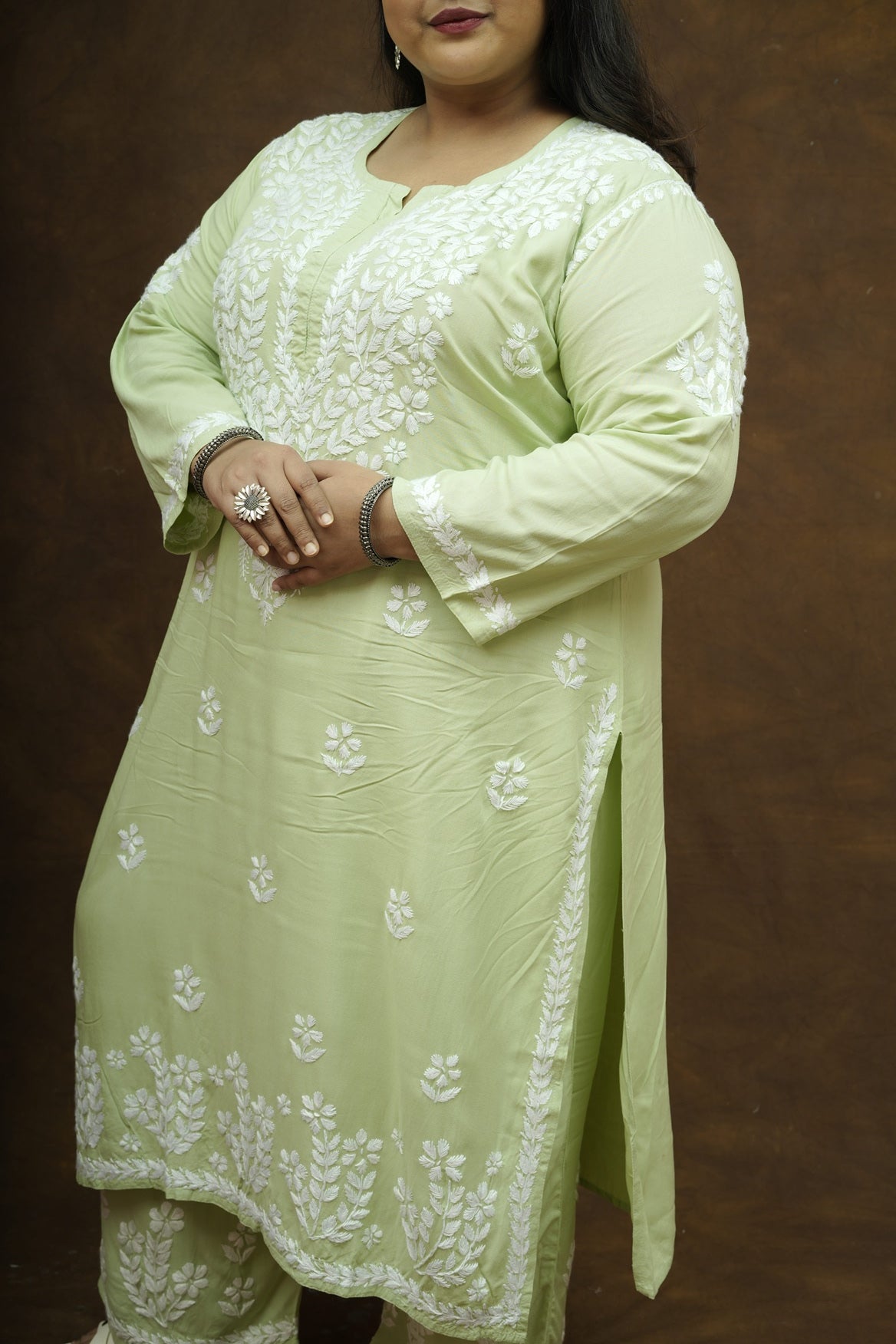 Plus Size Rayon Chikankari Kurta-Plazzo Set